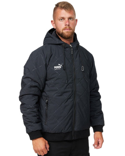Carbon Coloured Puma Workwear Mens Essentials Hooded Winter Work Jacket on white background 