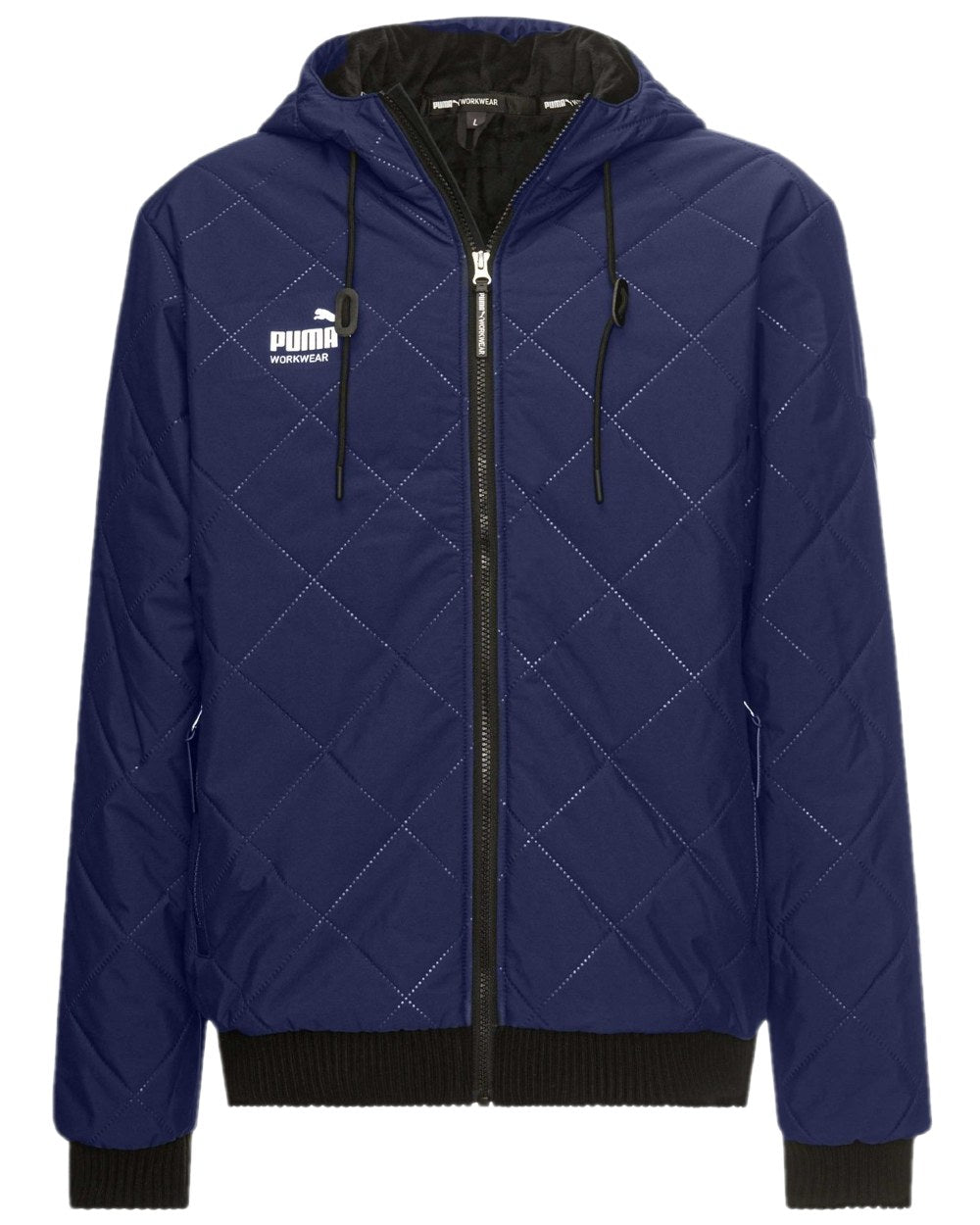 Navy Coloured Puma Workwear Mens Essentials Hooded Winter Work Jacket on white background 