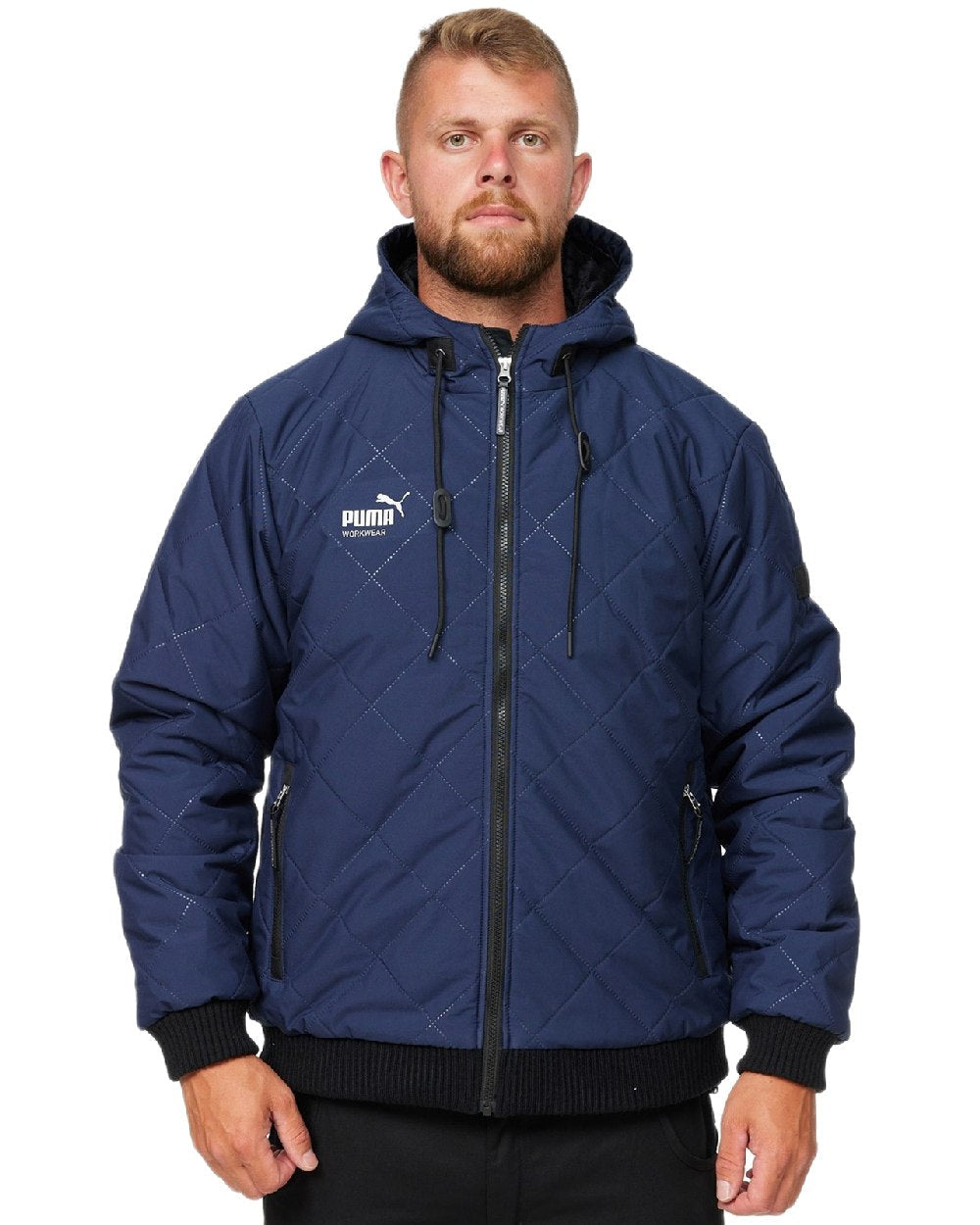 Navy Coloured Puma Workwear Mens Essentials Hooded Winter Work Jacket on white background 