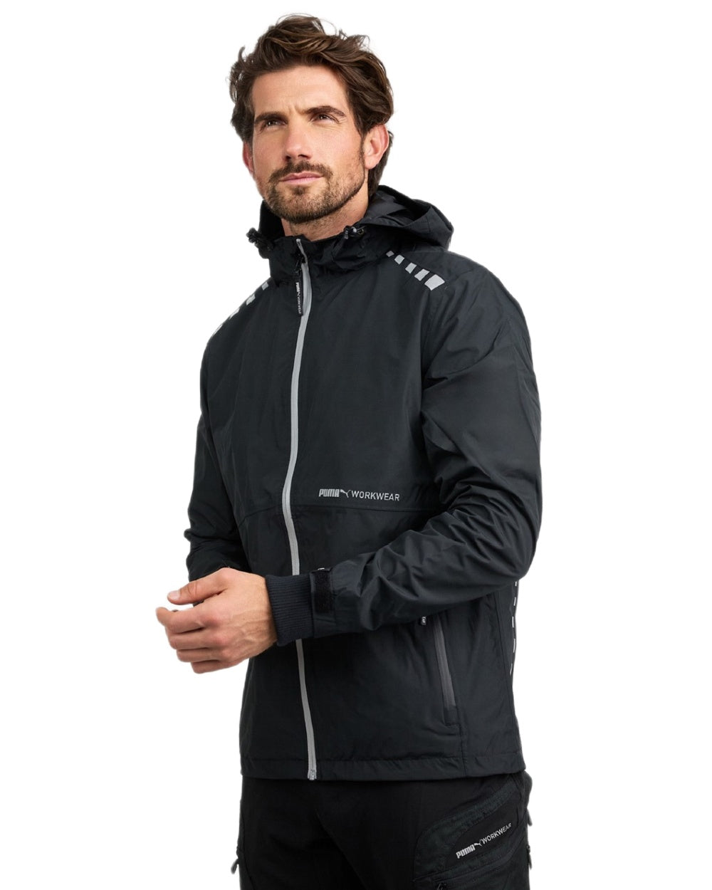 Carbon Coloured Puma Workwear Mens Essentials Rain Work Jacket on white background 