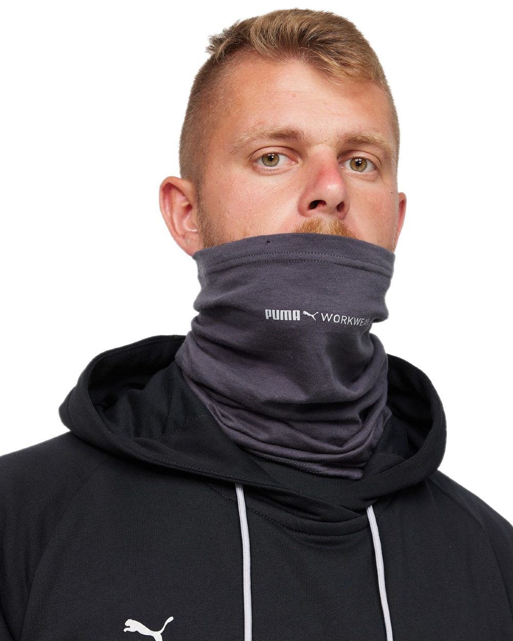 Ebony Coloured Puma Workwear Mens Multifunctional Scarf on white background 