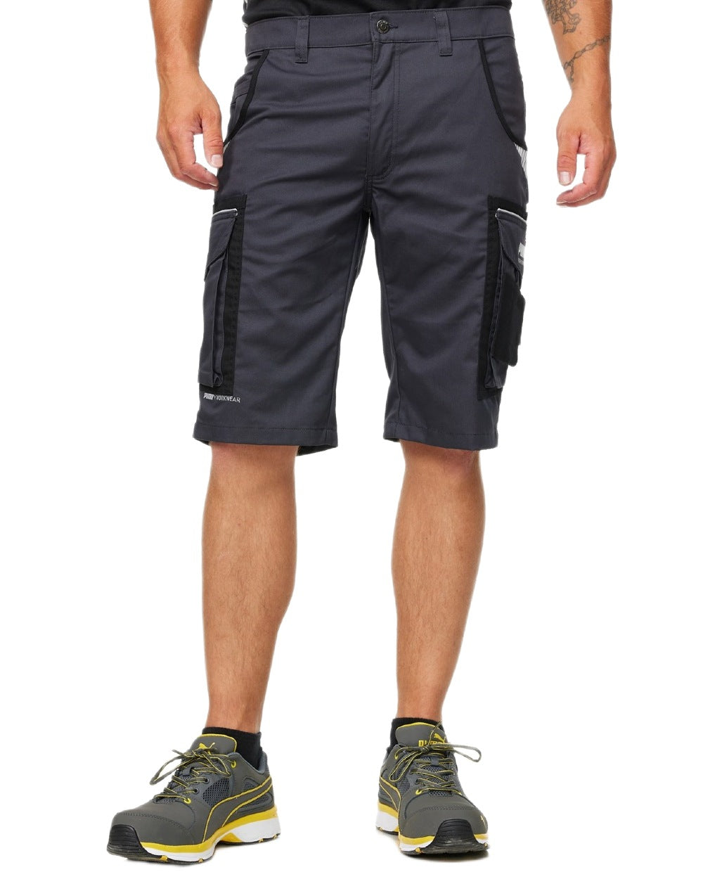 Anthracite Black Coloured Puma Workwear Mens Precision X Premium Work Shorts on white background 