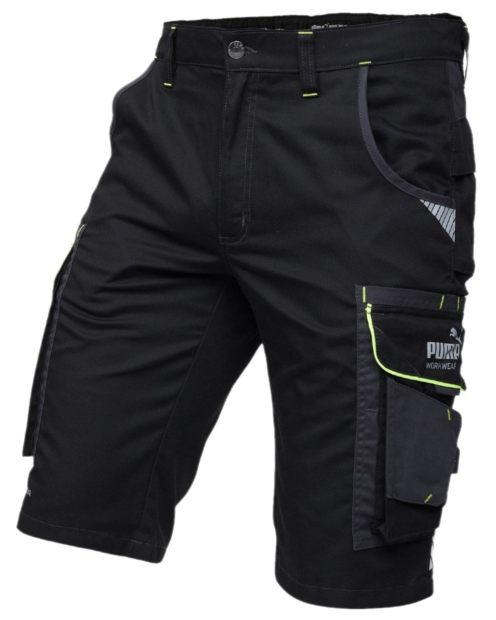 Black Neon Coloured Puma Workwear Mens Precision X Premium Work Shorts on white background 