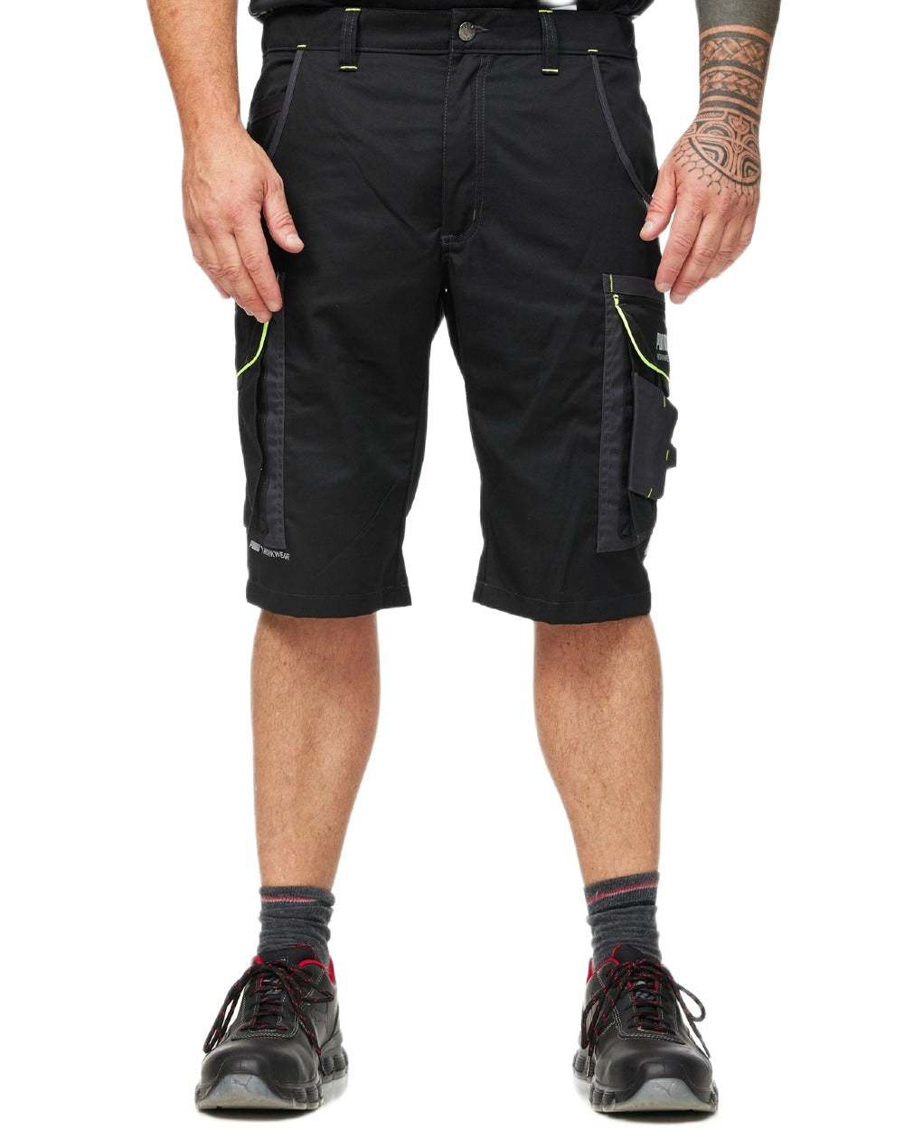 Black Neon Coloured Puma Workwear Mens Precision X Premium Work Shorts on white background 