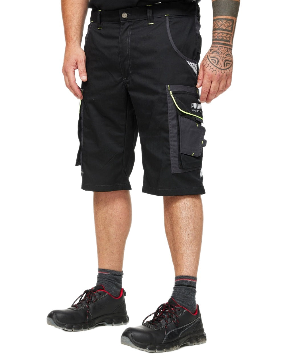 Black Neon Coloured Puma Workwear Mens Precision X Premium Work Shorts on white background 