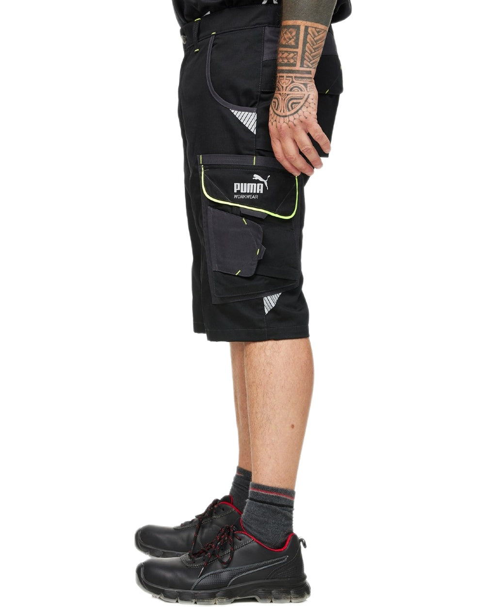 Black Neon Coloured Puma Workwear Mens Precision X Premium Work Shorts on white background 