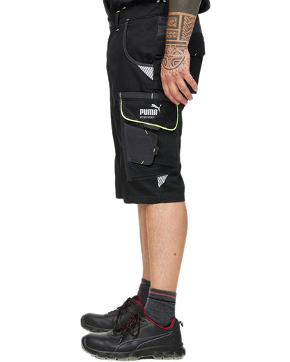 Black Neon Coloured Puma Workwear Mens Precision X Premium Work Shorts on white background 