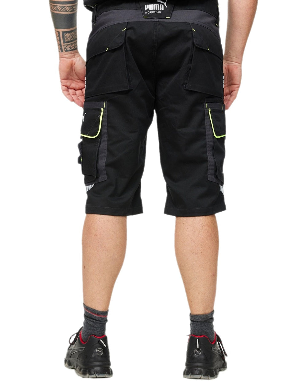 Black Neon Coloured Puma Workwear Mens Precision X Premium Work Shorts on white background 