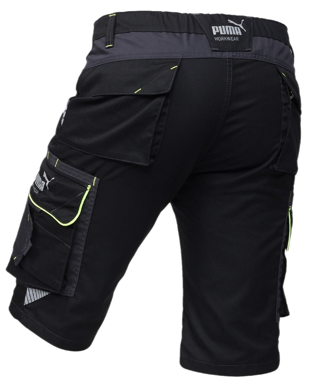 Black Neon Coloured Puma Workwear Mens Precision X Premium Work Shorts on white background 
