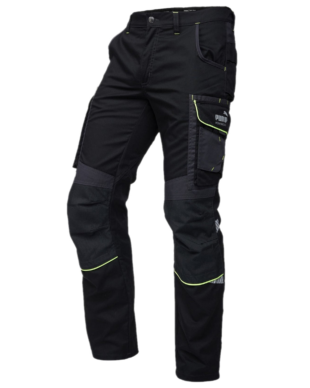 Black Neon Coloured Puma Workwear Mens Precision X Premium Work Trousers on white background 