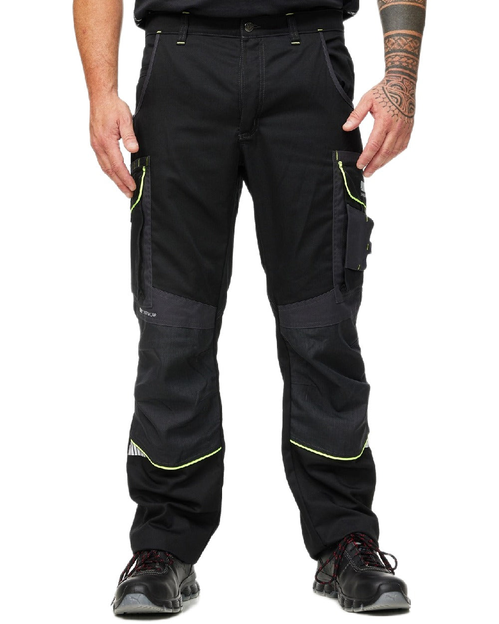 Black Neon Coloured Puma Workwear Mens Precision X Premium Work Trousers on white background 