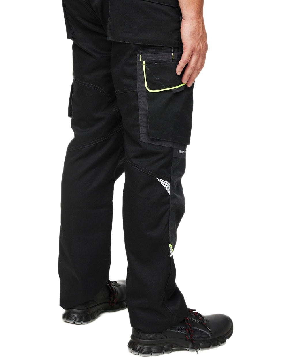 Black Neon Coloured Puma Workwear Mens Precision X Premium Work Trousers on white background 