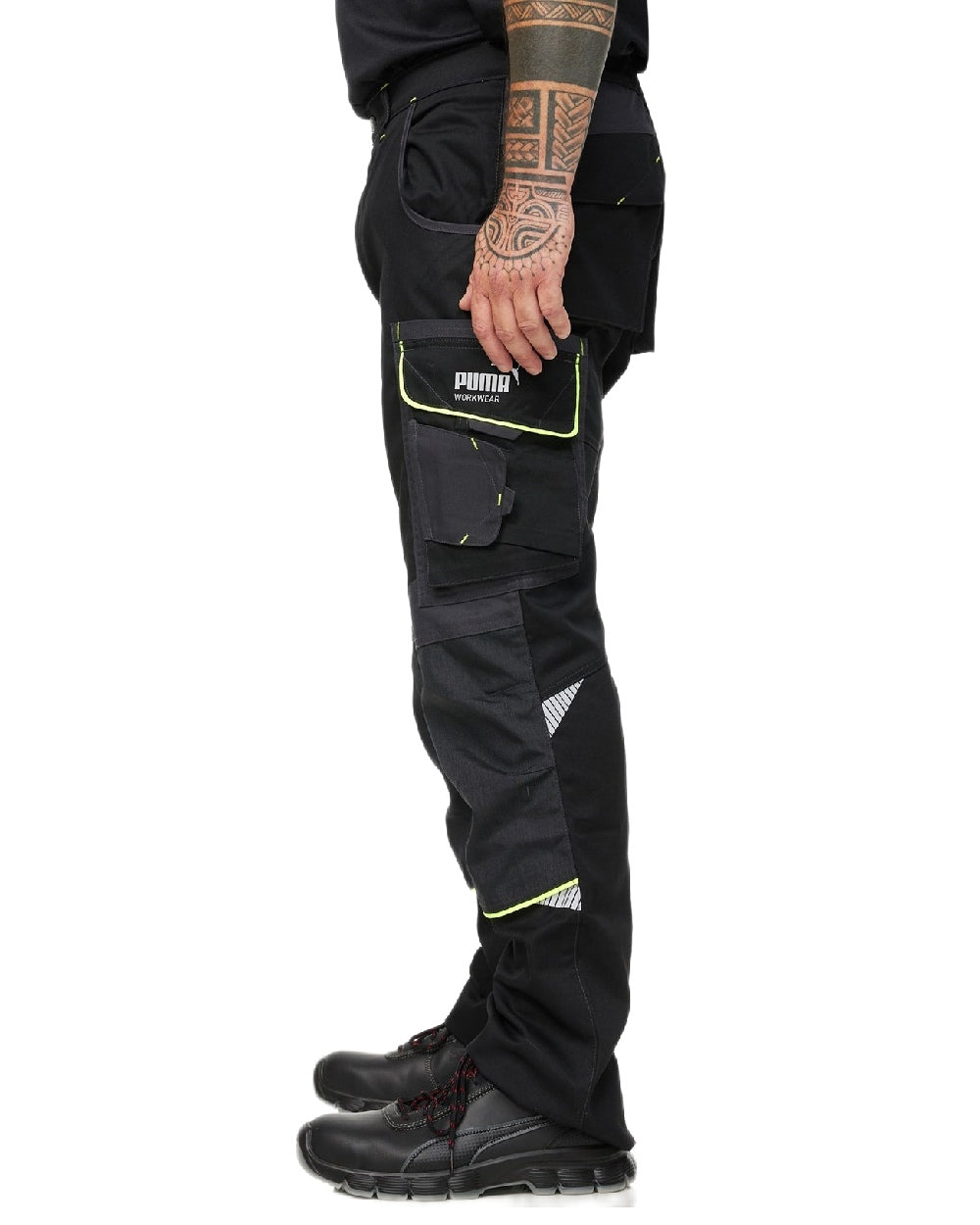 Black Neon Coloured Puma Workwear Mens Precision X Premium Work Trousers on white background 