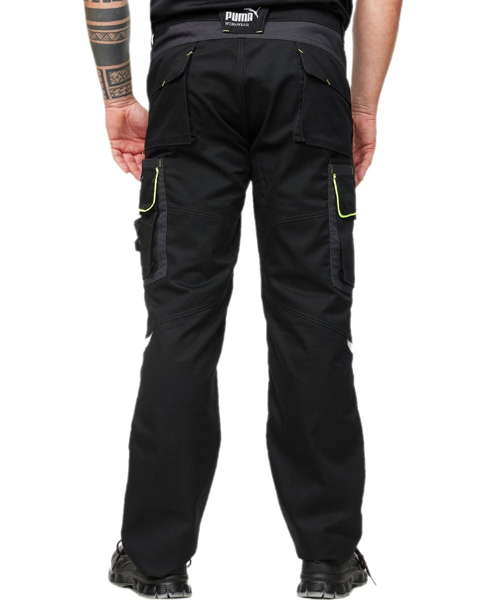 Black Neon Coloured Puma Workwear Mens Precision X Premium Work Trousers on white background 