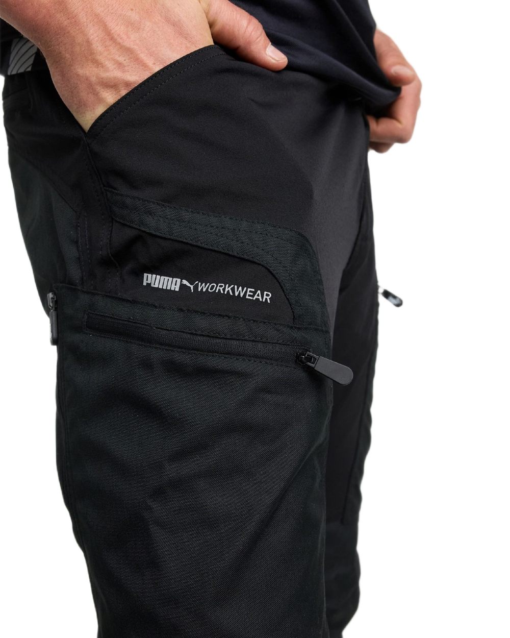 Black Anthracite Coloured Puma Workwear Mens Pro One Premium Outdoor Work Trousers on white background 