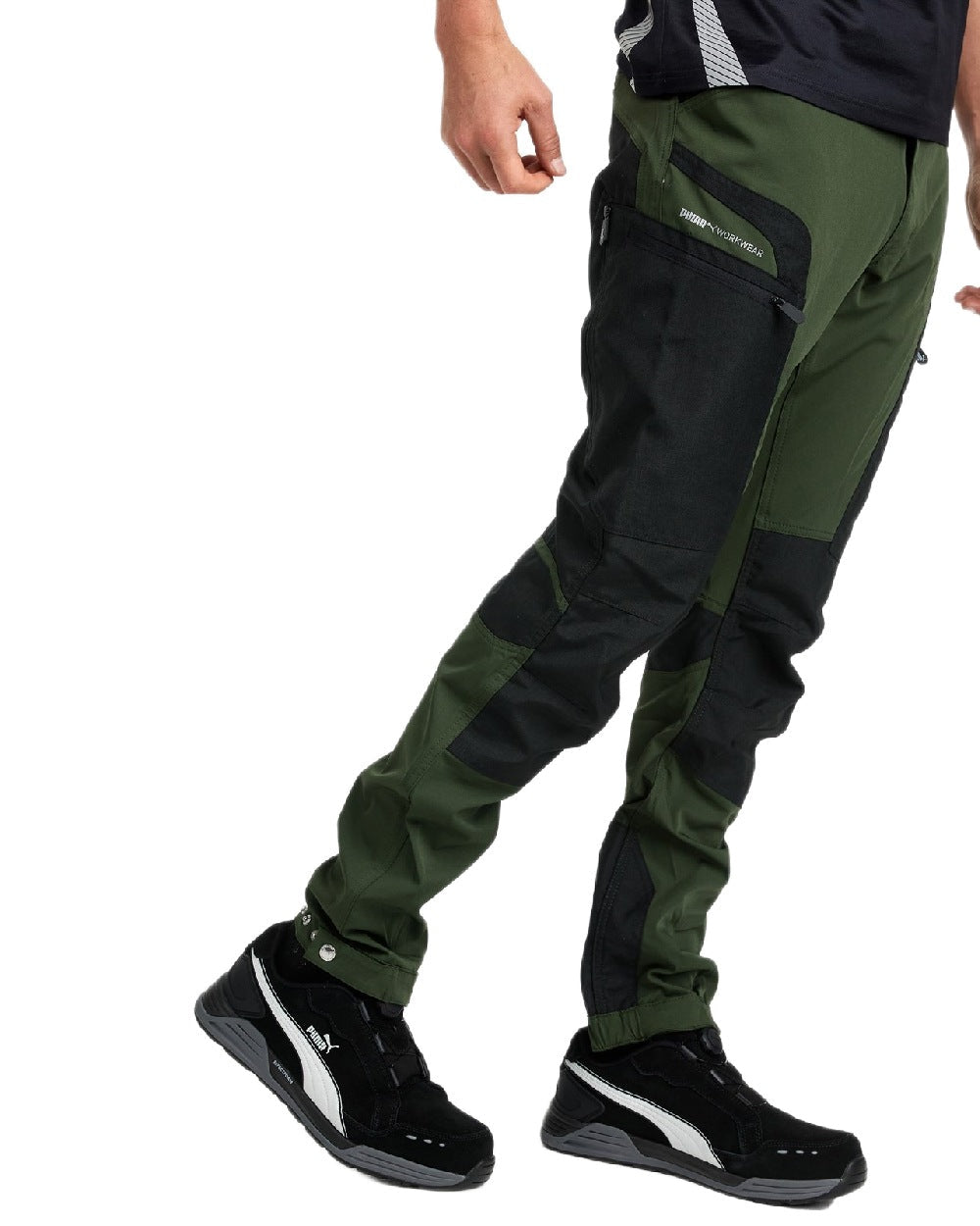 Olive Anthracite Coloured Puma Workwear Mens Pro One Premium Outdoor Work Trousers on white background 