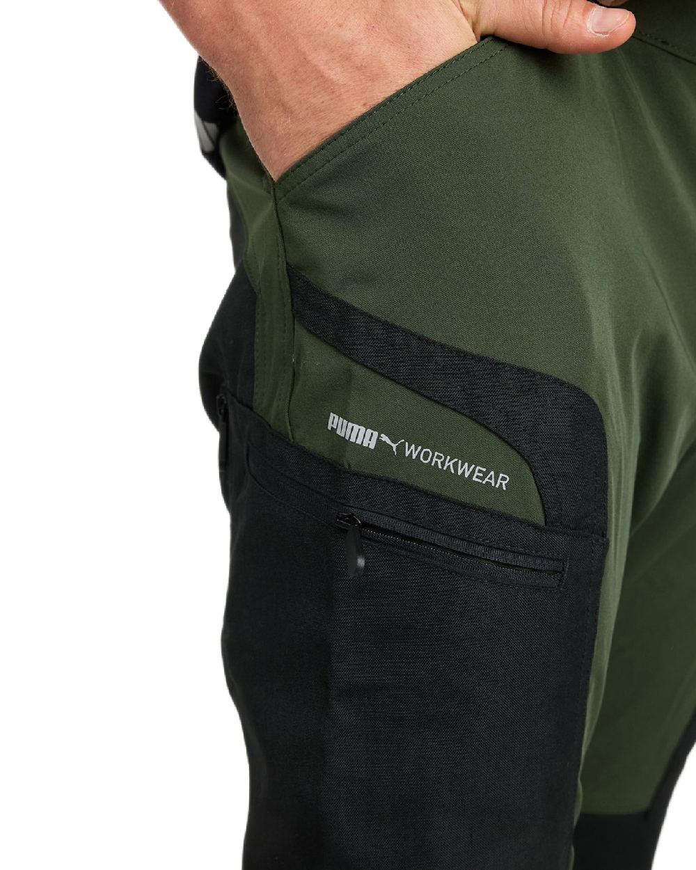Olive Anthracite Coloured Puma Workwear Mens Pro One Premium Outdoor Work Trousers on white background 