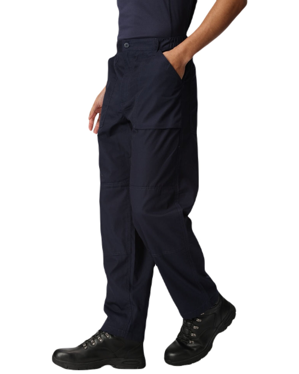 Navy coloured Regatta Action Trousers on white background 