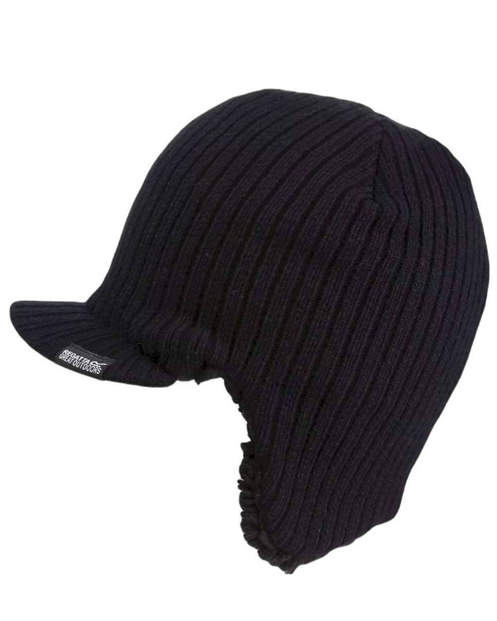 Black coloured Regatta Anvil Knitted Peak Cap on white green background
