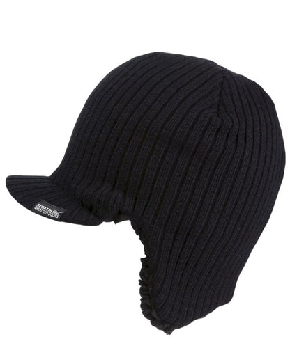 Black coloured Regatta Anvil Knitted Peak Cap on white green background 