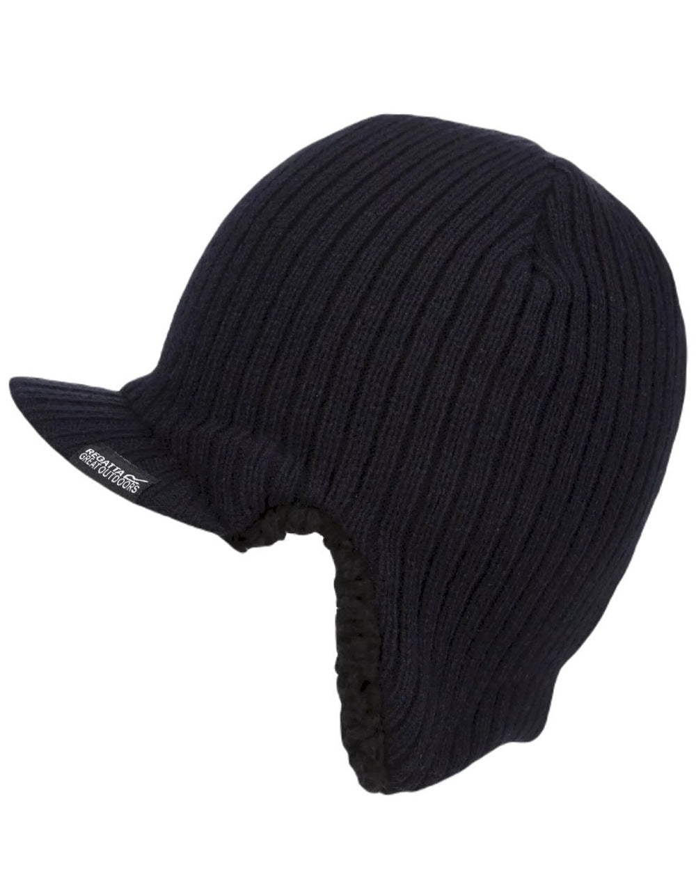 Navy coloured Regatta Anvil Knitted Peak Cap on blurry green background 