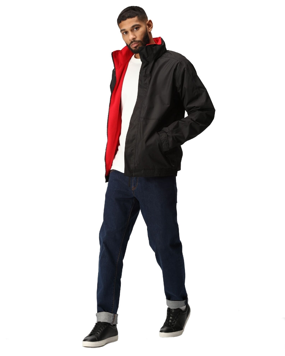 Black Classic Red coloured Regatta Dover Fleece Lined Bomber Jacket on white background 