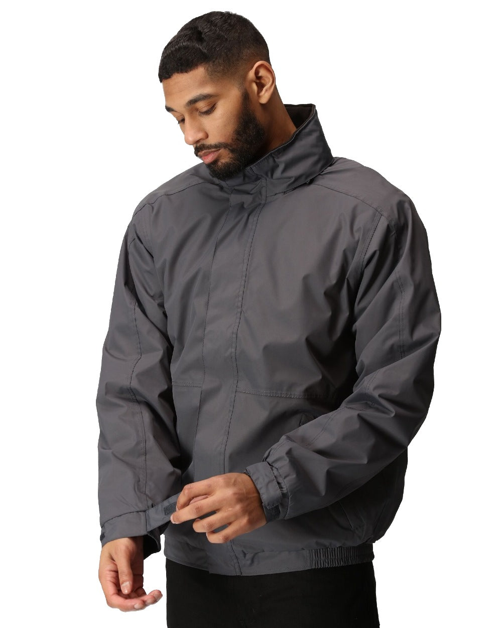 Seal Grey Black coloured Regatta Dover Fleece Lined Bomber Jacket on white background 