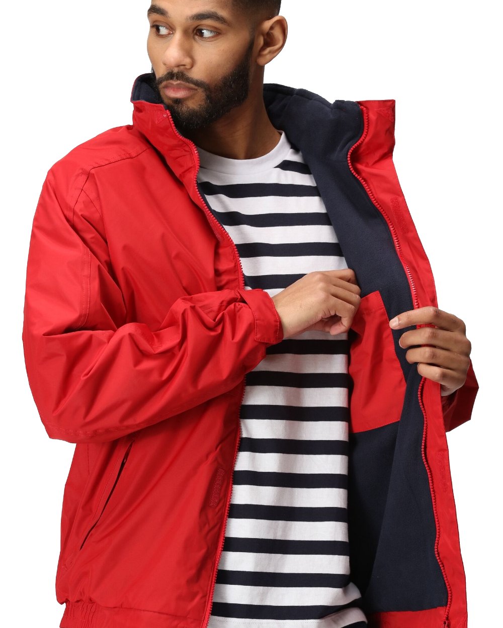 Classic Red Navy coloured Regatta Dover Fleece Lined Bomber Jacket on white background 