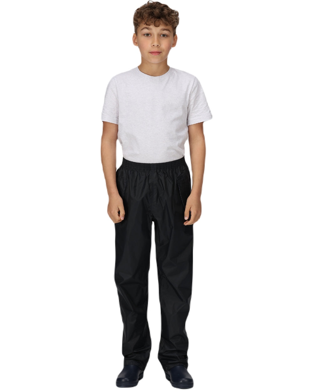 Black coloured Regatta Kids Pro Stormbreak Waterproof Overtrousers on white background 