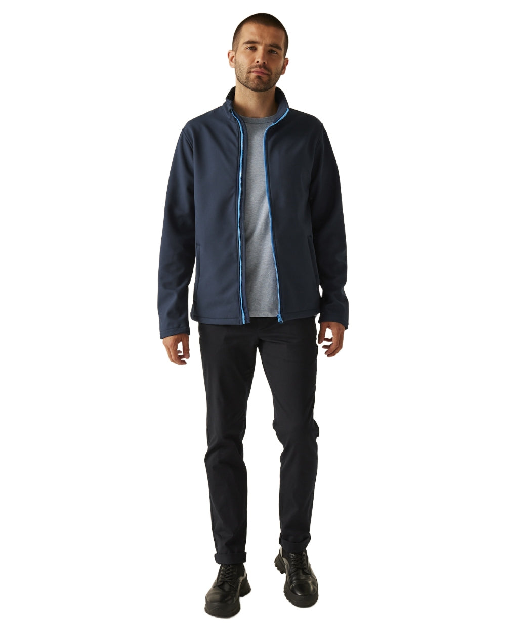 Navy French Blue coloured Regatta Mens Ablaze Printable Softshell Jacket on white background 