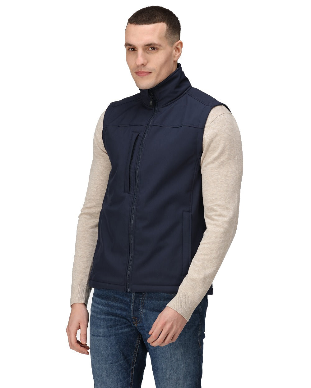 Navy coloured Regatta Mens Flux Softshell Bodywarmer on white background 