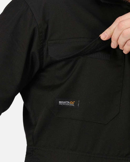 Black coloured Regatta Pro Stud Fasten Coverall on white background 