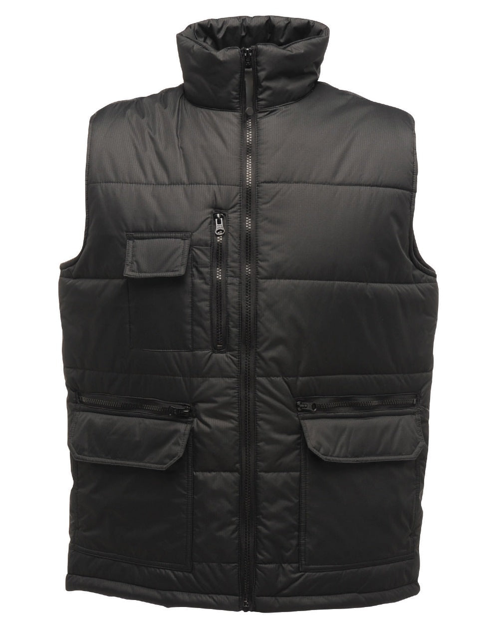 Black coloured Regatta Steller Multi-Zip Ripstop Bodywarmer on white background 