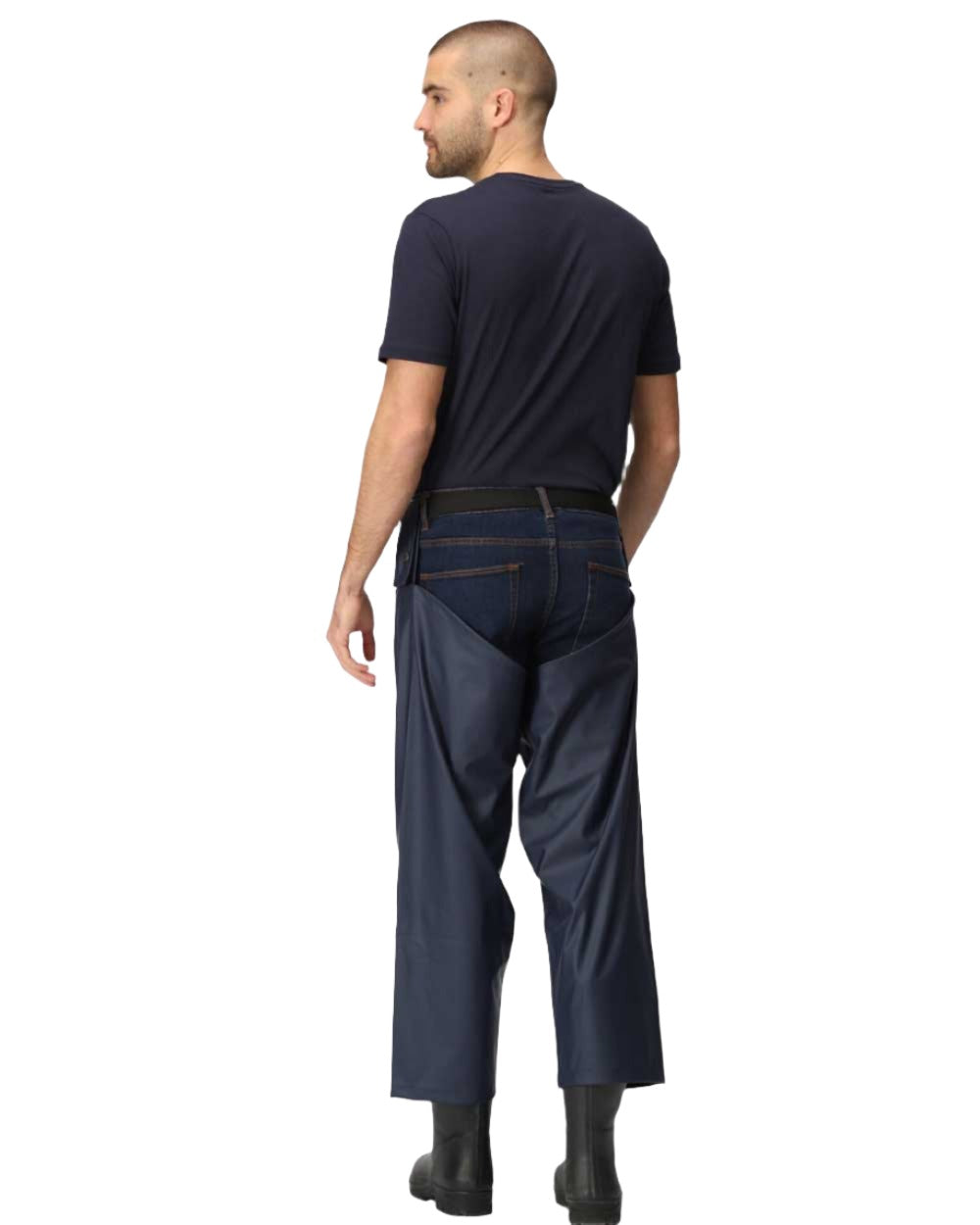 Navy coloured Regatta Stormflex Chaps on white background 