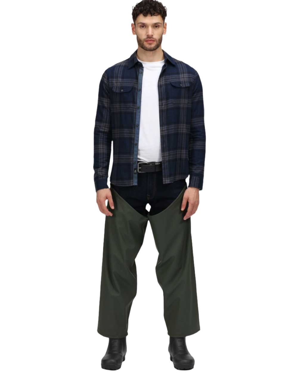 Olive coloured Regatta Stormflex Chaps on white background 