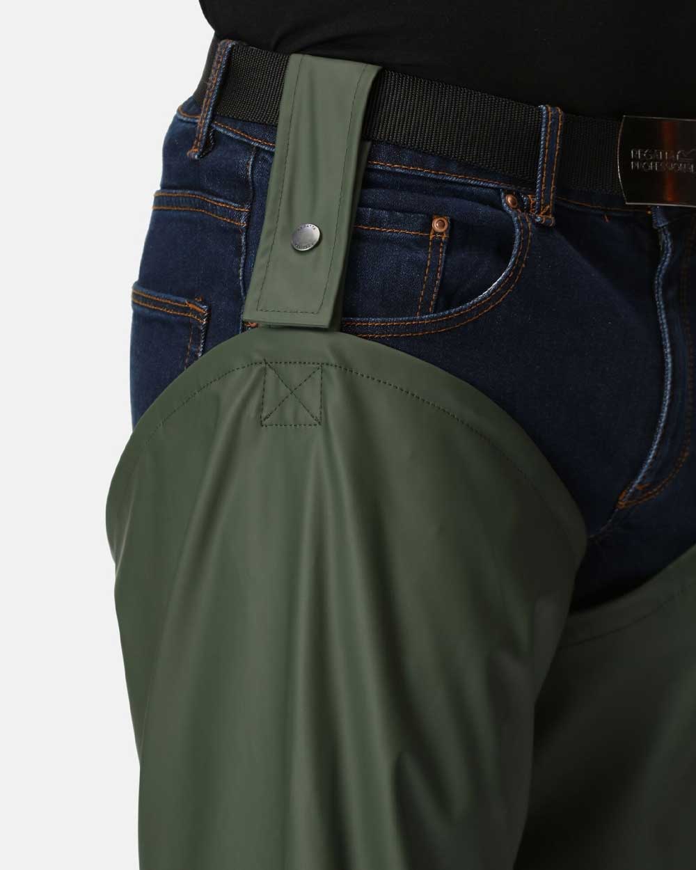 Olive coloured Regatta Stormflex Chaps on white background 