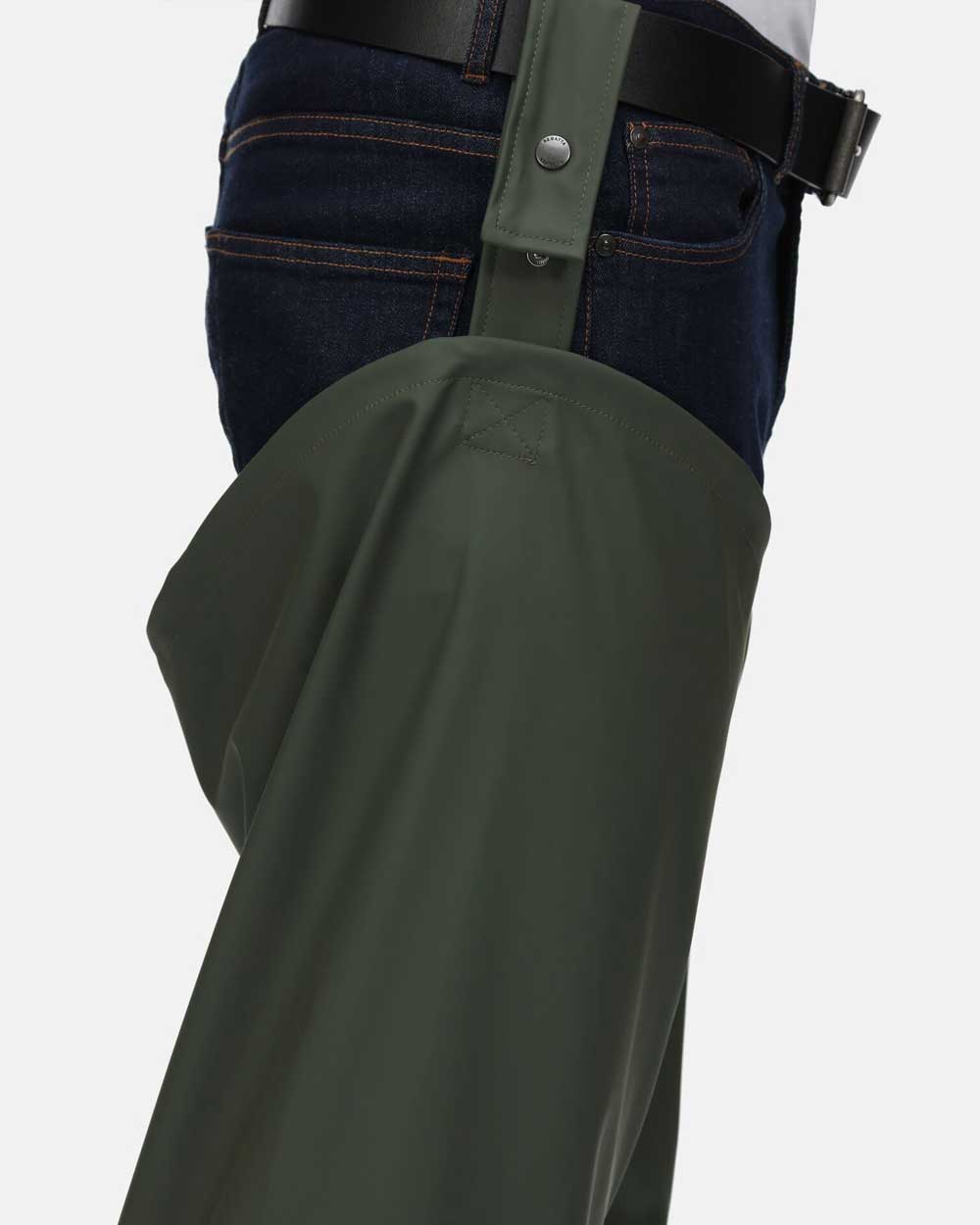 Olive coloured Regatta Stormflex Chaps on white background 