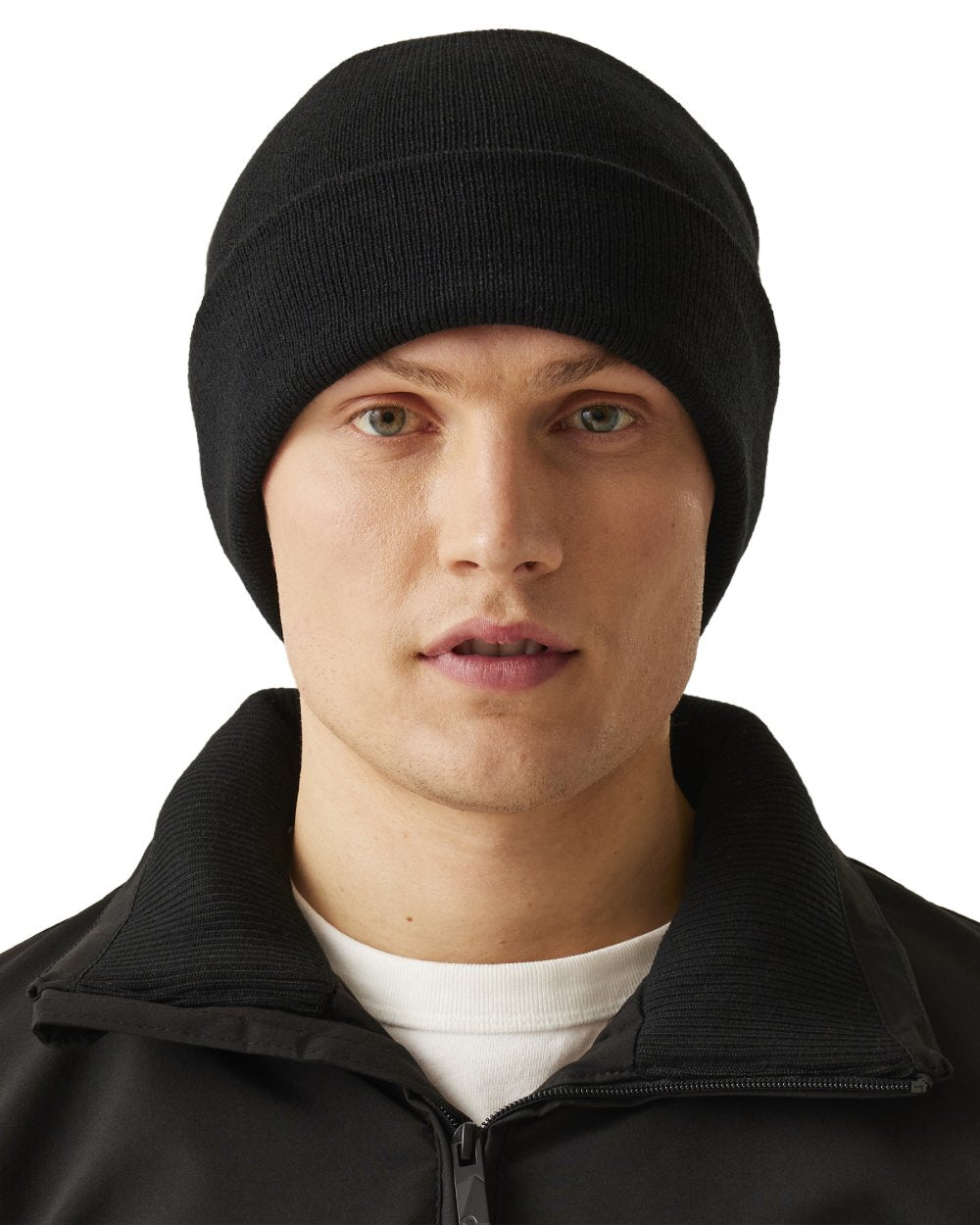Black coloured Regatta Thinsulate Acrylic Hat on white background 