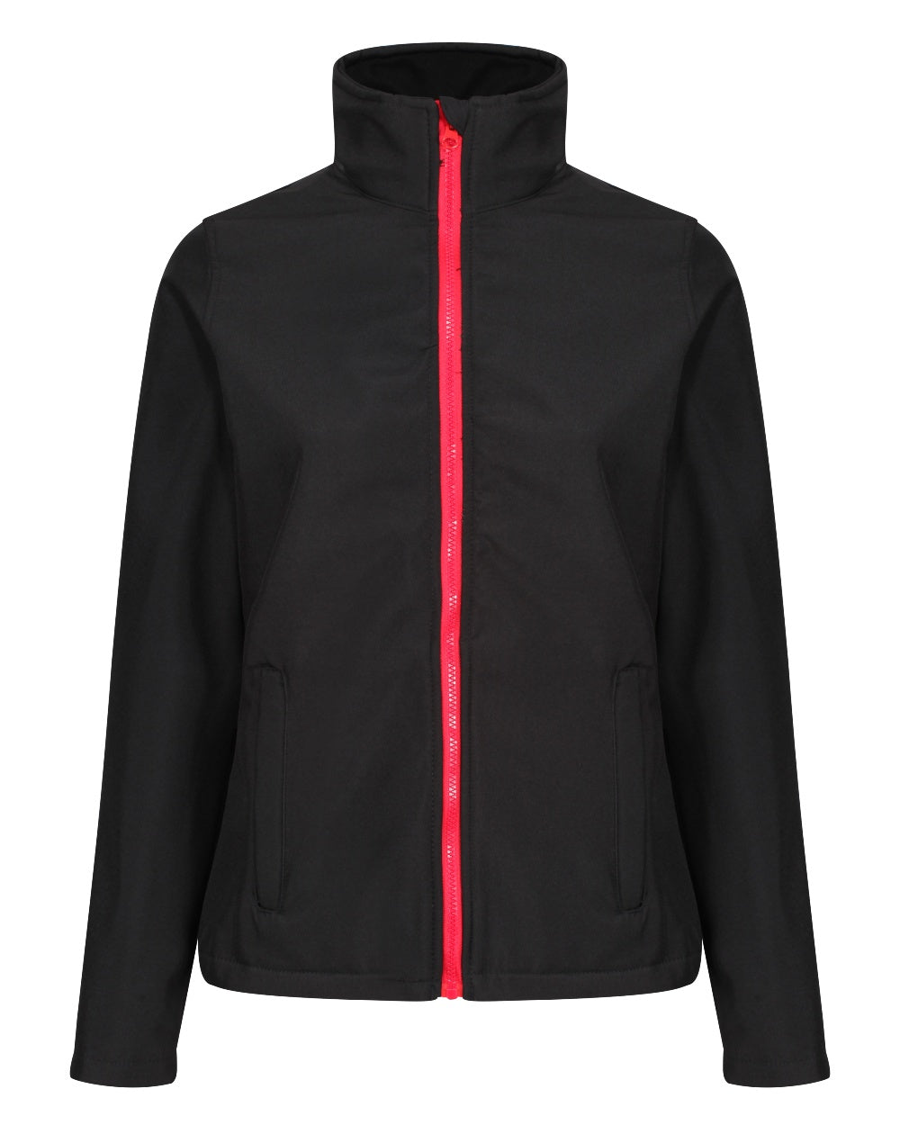 Black Classic Red coloured Regatta Womens Ablaze Printable Softshell Jacket on white background 