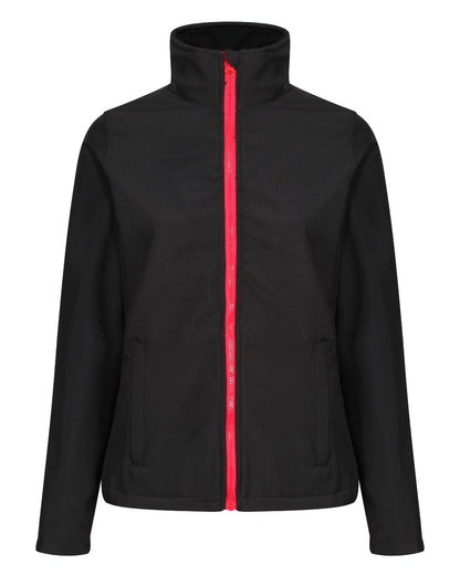 Black Classic Red coloured Regatta Womens Ablaze Printable Softshell Jacket on white background 