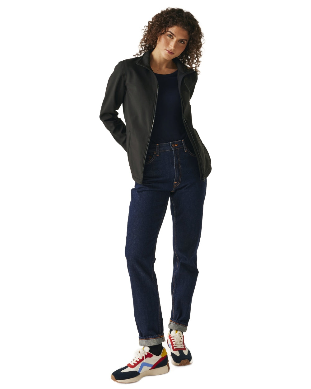 Black coloured Regatta Womens Ablaze Printable Softshell Jacket on white background 