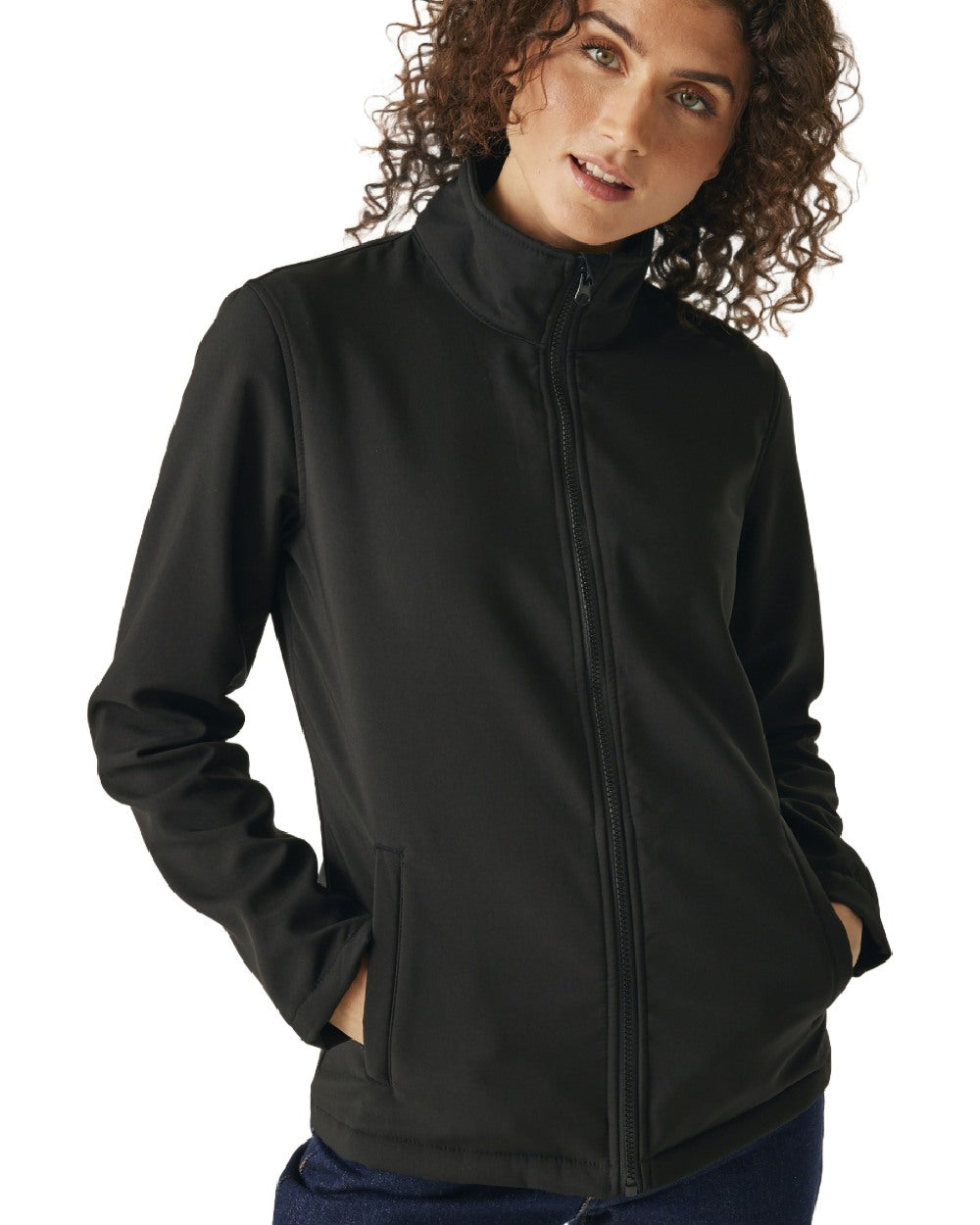 Black coloured Regatta Womens Ablaze Printable Softshell Jacket on white background 