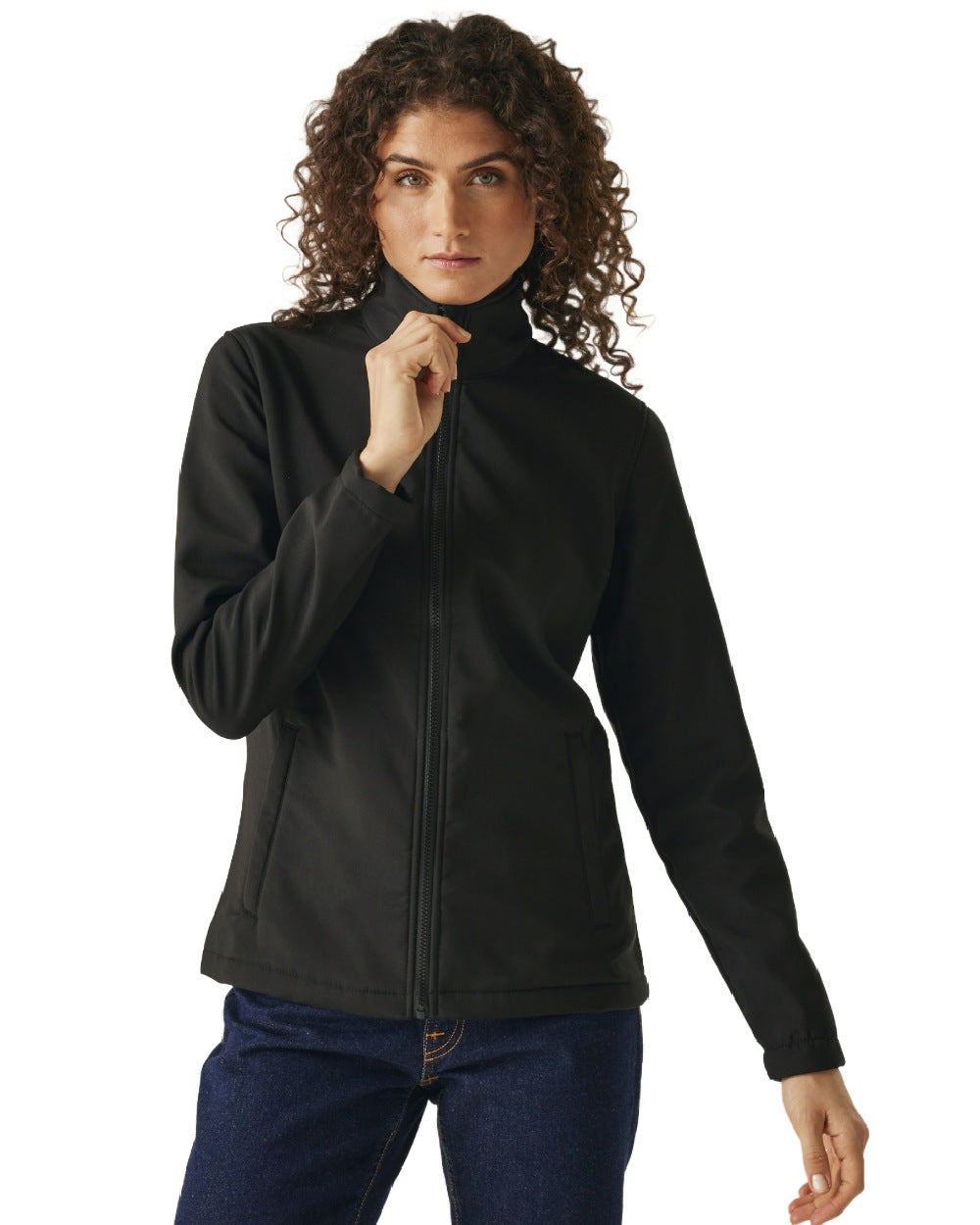 Black coloured Regatta Womens Ablaze Printable Softshell Jacket on white background 