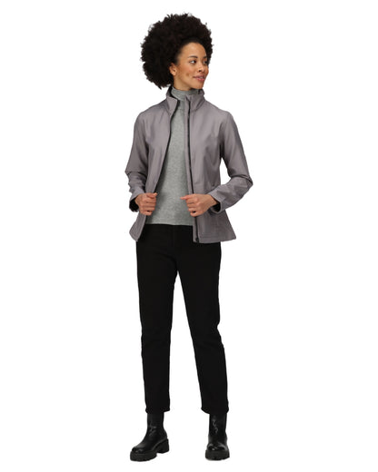Rock Grey Black coloured Regatta Womens Ablaze Printable Softshell Jacket on white background 