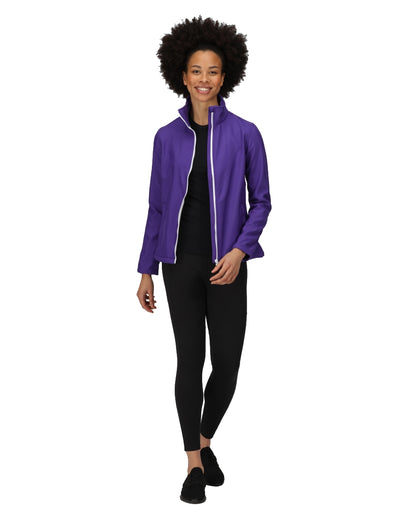 Vibrant Purple Black coloured Regatta Womens Ablaze Printable Softshell Jacket on white background 