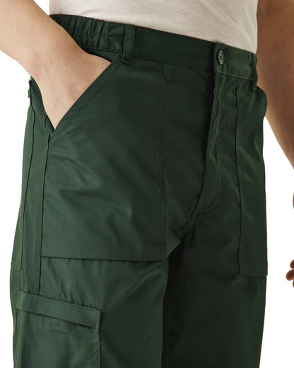 Green coloured Regatta Mens Multi Pocket Action Trousers Short Leg on white background 