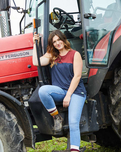 Navy Multi coloured Ridgeline Backslider Singlet Top on tractor background 