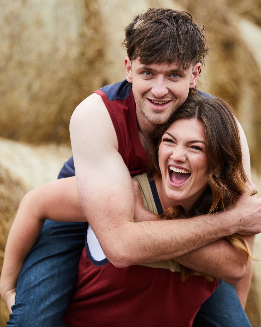 Rhubarb Multi coloured Ridgeline Backslider Singlet Top on haystack background 