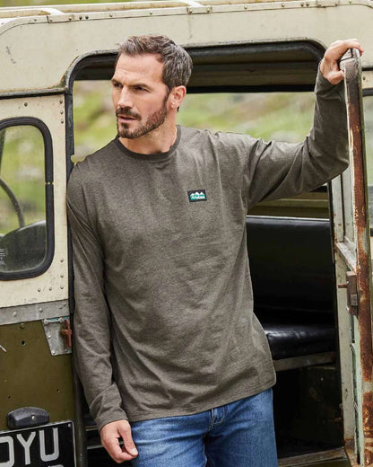 Smokey Olive Marl Coloured Ridgeline Baseline Top on outdoor background 