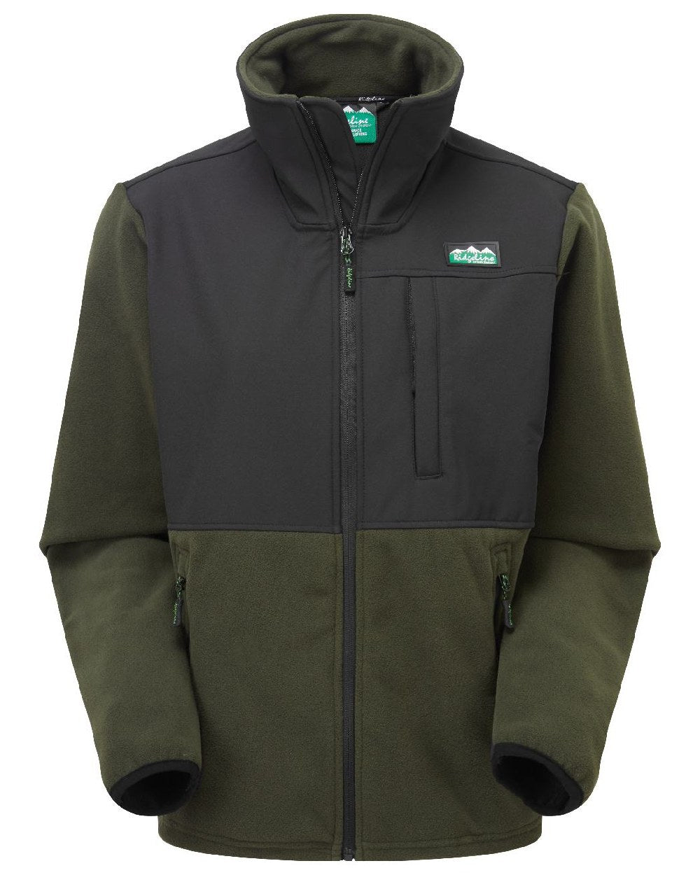 Olive Coloured Ridgeline Hybrid Fleece Jacket On A White Background 